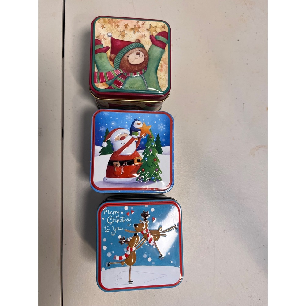 Lindy Bowman Christmas Holiday Tins Set of 3 Santa Bear Reindeer 2013